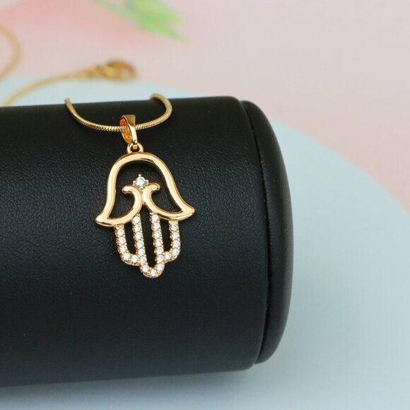 "Rose Gold Hamsa Hand Pendant in Gold Plated Brass with Accents, XPPT1760 - Picture 6 of 13